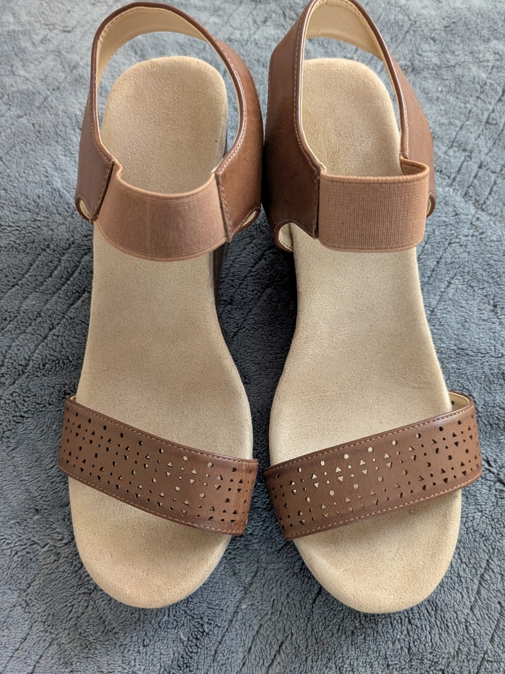 Women's Brown Perforated Wedge Sandals with Ankle Strap